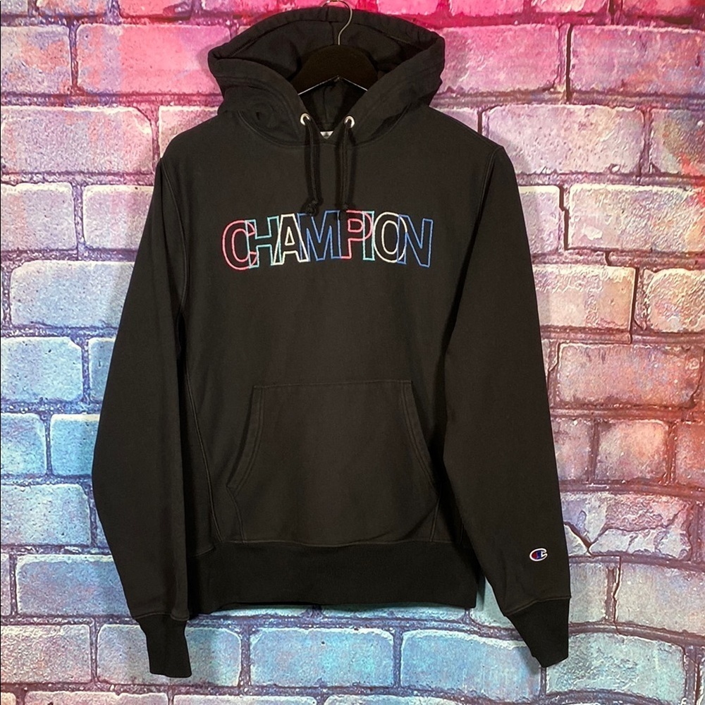 Champion Reverse Weave Hoodie M Black Multicolor Spellout Pullover Sweatshirt